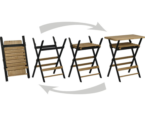 Schrittweise Darstellung eines klappbaren Gartentisches mit Holzplatten und schwarzem Gestell.