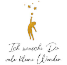 Illustration einer Person, die nach Sternen greift, mit dem Text Ich wünsche Dir viele kleine Wunder