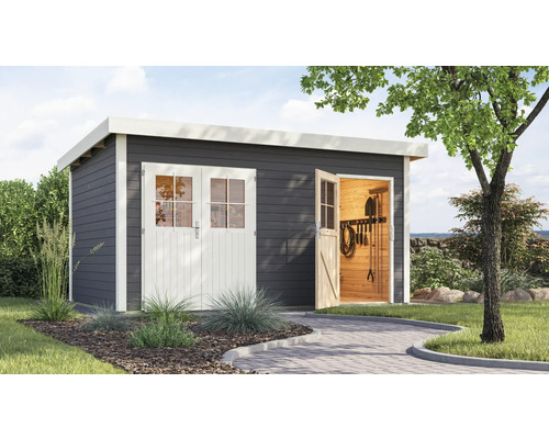 Gartenhaus mit Doppeltür und geöffneter Einzeltür auf einem gepflasterten Weg in einem Garten