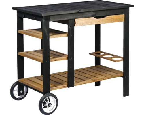 Grilltisch aus Holz mit Schublade, Ablageflächen und Rollen