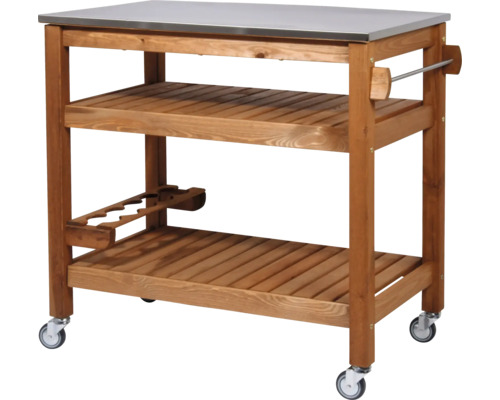 Servierwagen aus Holz mit Edelstahlplatte und Rollen