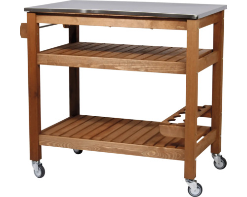 Servierwagen mit Edelstahlplatte und zwei Ablageflächen aus Holz