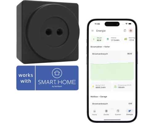 everHome EcoTracker IR Energiemessgerät - Kompatibel mit SMART HOME by hornbach Schwarze Smart Home Steckdose mit Smartphone App und Hornbach Smart Home Logo