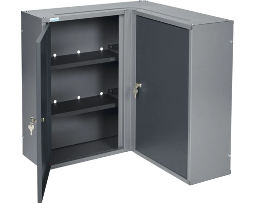 Grauer Eck-Werkzeugschrank mit zwei Türen, offen und mit Schlüssel
