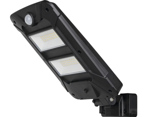 Schwarze LED-Solarleuchte mit Bewegungsmelder zur Wandmontage.