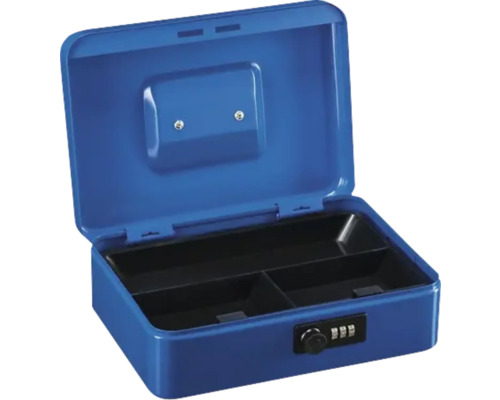 Geöffnete blaue Geldkassette mit Zahlenschloss