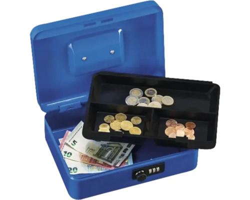 Geöffnete blaue Geldkassette mit Münzen, Banknoten und Zahlenschloss