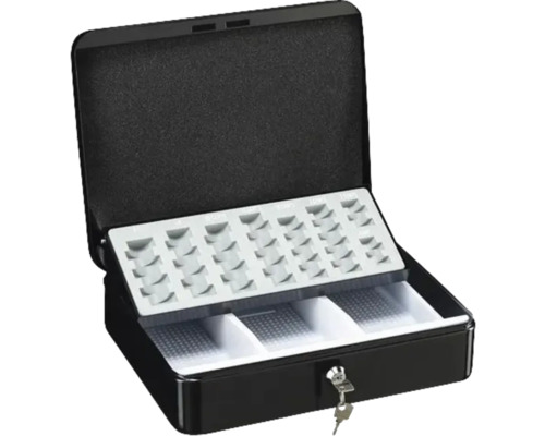 Geöffnete Geldkassette mit Münzfach und Schlüssel