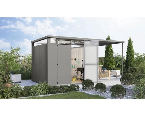 Gartenhaus Karibu Nosten 2 inkl. Anbaudach 2,25 m 452,5 x 234,5 cm graualuminium Gartenszene mit Gerätehaus und Terrasse im modernen Design.