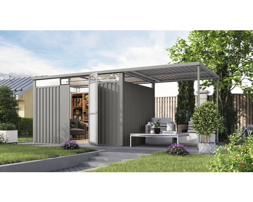 Gartenhaus Karibu Nosten 3 inkl. Anbaudach 2,25 m 564 x 244,5 cm graualuminium Modernes Gartenhaus mit offenem Vorraum und Geräteaufbewahrung im Garten