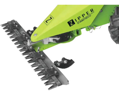 Detailaufnahme des Schneidwerks eines Balkenmähers der Marke Zipper