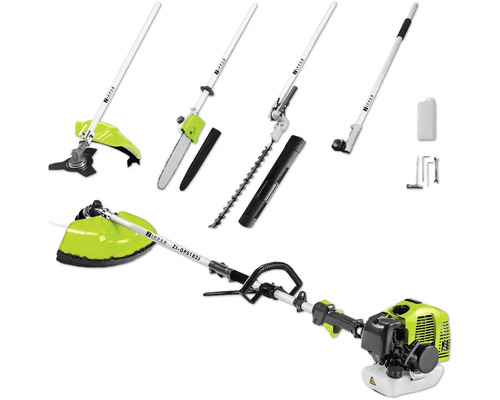 Zipper Mehrzweckgerät mit Zubehör wie Rasentrimmer, Kettensäge, Heckenschere und Kantenschneider