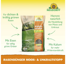 Rasendünger mit Moos- und Unkrautvernichter, geeignet für die Anwendung vom Frühjahr bis zum Herbst. Neudorff Logo