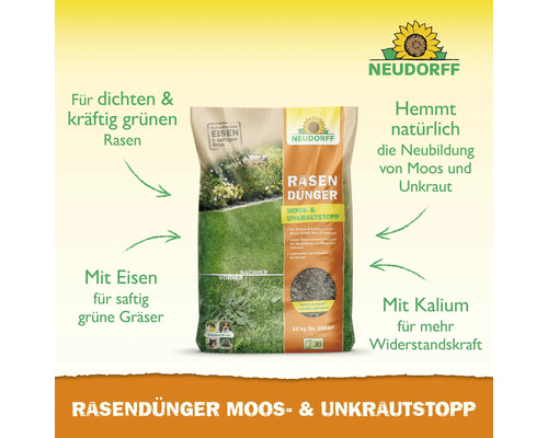 Rasendünger mit Moos- und Unkrautvernichter, geeignet für die Anwendung vom Frühjahr bis zum Herbst. Neudorff Logo