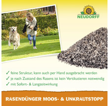 Rasendünger zur Moos- und Unkrautbekämpfung mit feiner Struktur und Sofort- und Langzeitwirkung. Neudorff Logo.