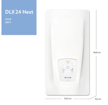 Elektronischer Durchlauferhitzer DLX 24 Next mit den Maßen 46,8 cm Höhe, 23,9 cm Breite und 9,6 cm Tiefe