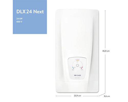Elektronischer Durchlauferhitzer DLX 24 Next mit den Maßen 46,8 cm Höhe, 23,9 cm Breite und 9,6 cm Tiefe