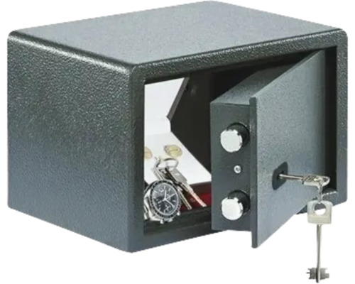 Geöffneter Tresor mit Schlüsseln, Münzen und einer Armbanduhr