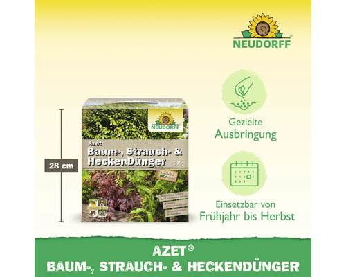 Neudorff Azet Baum-, Strauch- & Heckendünger, 5 Kilogramm, geeignet von Frühjahr bis Herbst, 28 Zentimeter