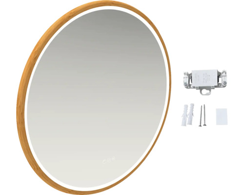 Ovaler Spiegel mit Holzrahmen und LED-Beleuchtung inklusive Befestigungsmaterial