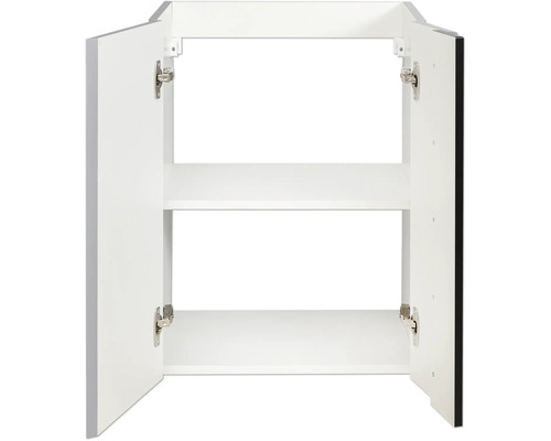 Offener weißer Badezimmerschrank mit zwei Einlegeböden