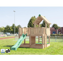 Spielturm aus Holz mit Rutsche und Sandkasten mit TÜV Rheinland Zertifikat und GS Geprüfte Sicherheit Siegel