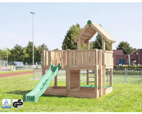 Spielhaus mit Stelzen P5 Douglasie HY-Land 540 x 320 cm Holz Kletternetz, Rutsche, Sandkasten, Kletterwand, Abdeckplane, Dacheindeckung, Klettersteine, Grundturm Spielturm aus Holz mit Rutsche und Sandkasten mit TÜV Rheinland Zertifikat und GS Geprüfte Sicherheit Siegel