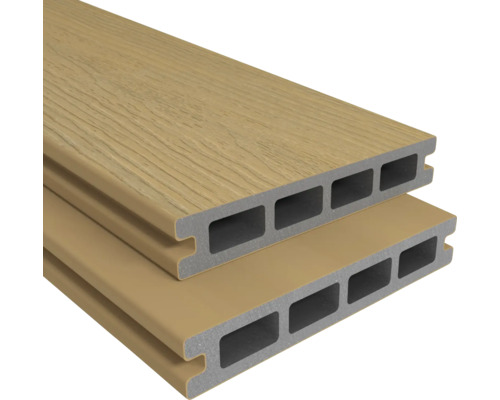 Konsta WPC Terrassendiele Nativo Eco Eiche hellbraun 22,5 x 140 x 3000 mm Zwei Terrassendielen aus Holzverbundwerkstoff mit rechteckigen Hohlräumen