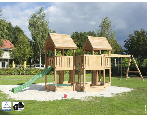 Spielhaus mit Stelzen P7S Douglasie HY-Land 1140 x 440 cm Holz Grundturm, Sandkasten, 2 Brettschaukeln, Abdeckplane, Klettersteine, Kletterwand, Rutsche