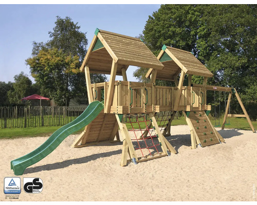 Spielhaus mit Stelzen Q4S Douglasie HY-Land 1200 x 310 cm Holz Grundturm, Rutsche, Schaukel, Kletterwand, Kletternetz, Dacheindeckung, Klettersteine, 2 Brettschaukeln Spielplatz mit Rutsche, Kletterwand, Schaukel und Kletternetz aus Holz