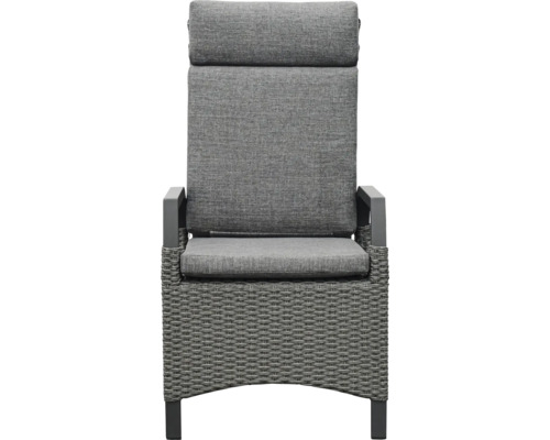 Gartensessel mit hoher Rückenlehne und grauen Polstern