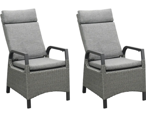 Zwei graue Gartenstühle mit Armlehnen und Polsterung