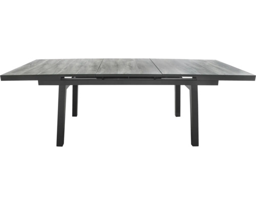 Ausziehbarer Gartentisch mit grau strukturierter Tischplatte und schwarzem Gestell