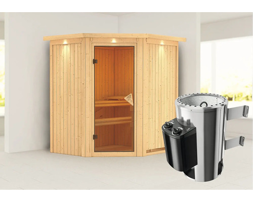 Plug & Play Sauna Karibu Achat III inkl. 3,6 kW Ofen u.integr.Steuerung mit Dachkranz und bronzierter Ganzglastüre