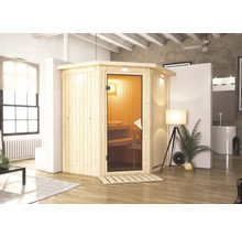 Plug & Play Sauna Karibu Achat III ohne Ofen mit Dachkranz und bronzierter Ganzglastüre