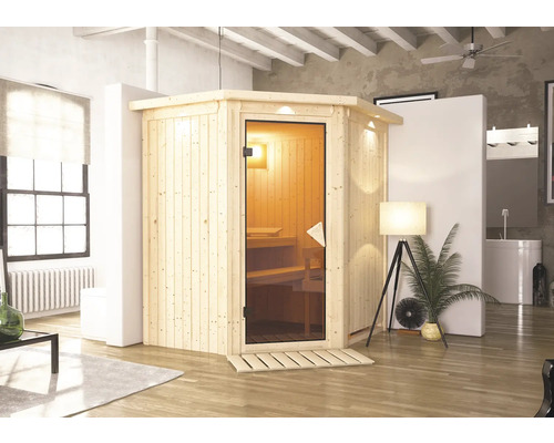 Plug & Play Sauna Karibu Achat III ohne Ofen mit Dachkranz und bronzierter Ganzglastüre