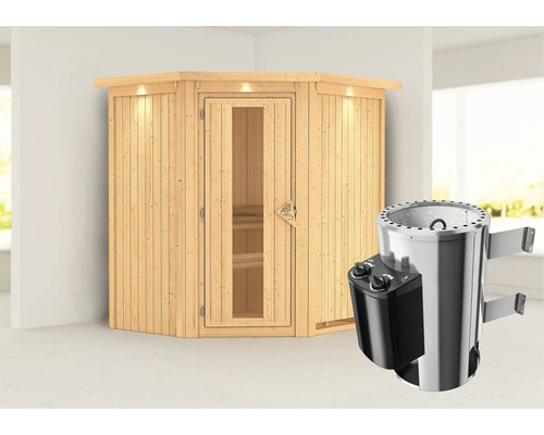 Plug & Play Sauna Karibu Achat III inkl. 3,6 kW Ofen u.integr.Steuerung mit Dachkranz und Holztüre aus Isolierglas wärmegedämmt