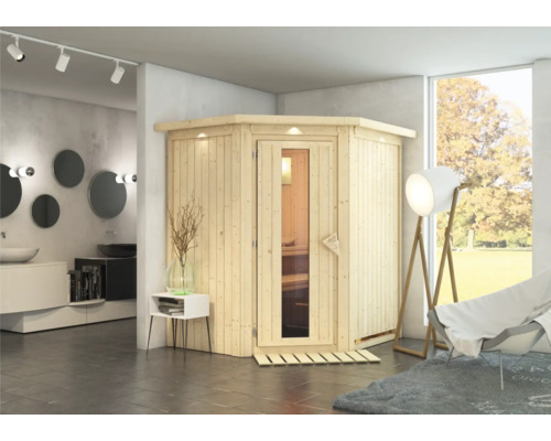 Plug & Play Sauna Karibu Achat III ohne Ofen mit Dachkranz und Holztüre mit Isolierglas wärmegedämmt