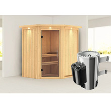 Plug & Play Sauna Karibu Achat III inkl. 3,6 kW Ofen u.integr.Steuerung mit Dachkranz und Ganzglastüre aus Klarglas