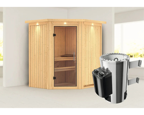 Plug & Play Sauna Karibu Achat III inkl. 3,6 kW Ofen u.integr.Steuerung mit Dachkranz und Ganzglastüre aus Klarglas