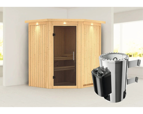 Plug & Play Sauna Karibu Achat III inkl. 3,6 kW Ofen u.integr.Steuerung mit Dachkranz und graphitfarbiger Ganzglastüre