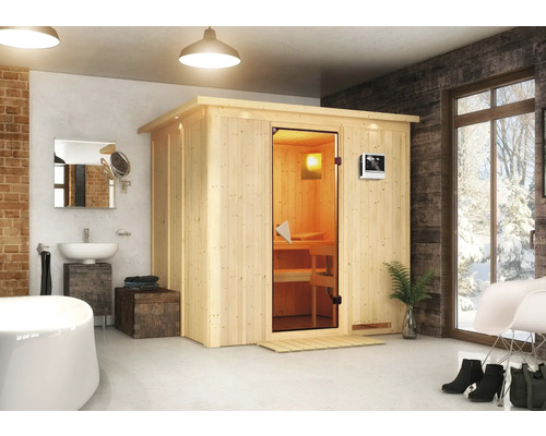 Plug & Play Sauna Karibu Achat VIII inkl. 3,6 kW Ofen u.ext.Steuerung mit Dachkranz und bronzierter Ganzglastüre