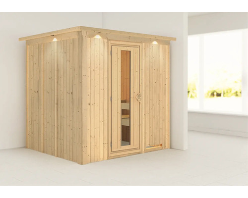 Plug & Play Sauna Karibu Achat VIII ohne Ofen mit Dachkranz und Holztüre mit Isolierglas wärmegedämmt