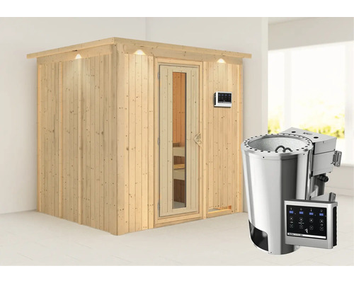 Plug & Play Sauna Karibu Achat VIII inkl. 3,6 kW Bio Ofen u.ext.Steuerung mit Dachkranz und Holztüre aus Isolierglas wärmegedämmt