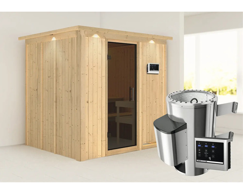 Plug & Play Sauna Karibu Achat VIII inkl. 3,6 kW Ofen u.ext.Steuerung mit Dachkranz und graphitfarbiger Ganzglastüre