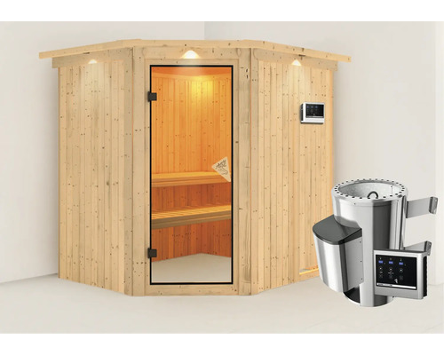 Plug & Play Sauna Karibu Achat VII inkl. 3,6 kW Ofen u.ext.Steuerung mit Dachkranz und bronzierter Ganzglastüre