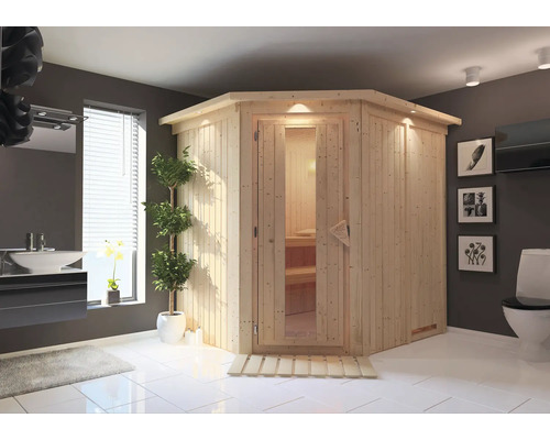 Plug & Play Sauna Karibu Achat VII ohne Ofen mit Dachkranz und Holztüre mit Isolierglas wärmegedämmt