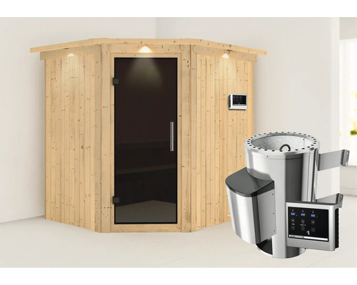 Plug & Play Sauna Karibu Achat VII inkl. 3,6 kW Ofen u.ext.Steuerung mit Dachkranz und graphitfarbiger Ganzglastüre