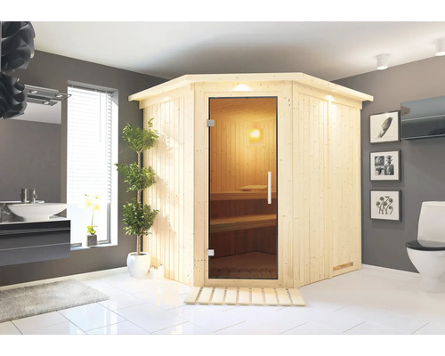 Plug & Play Sauna Karibu Achat VII ohne Ofen mit Dachkranz und graphitfarbiger Ganzglastüre