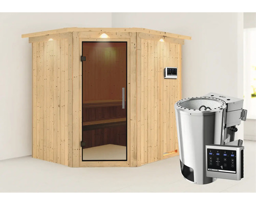 Plug & Play Sauna Karibu Achat VII inkl. 3,6 kW Bio Ofen u.ext.Steuerung mit Dachkranz und graphitfarbiger Ganzglastüre